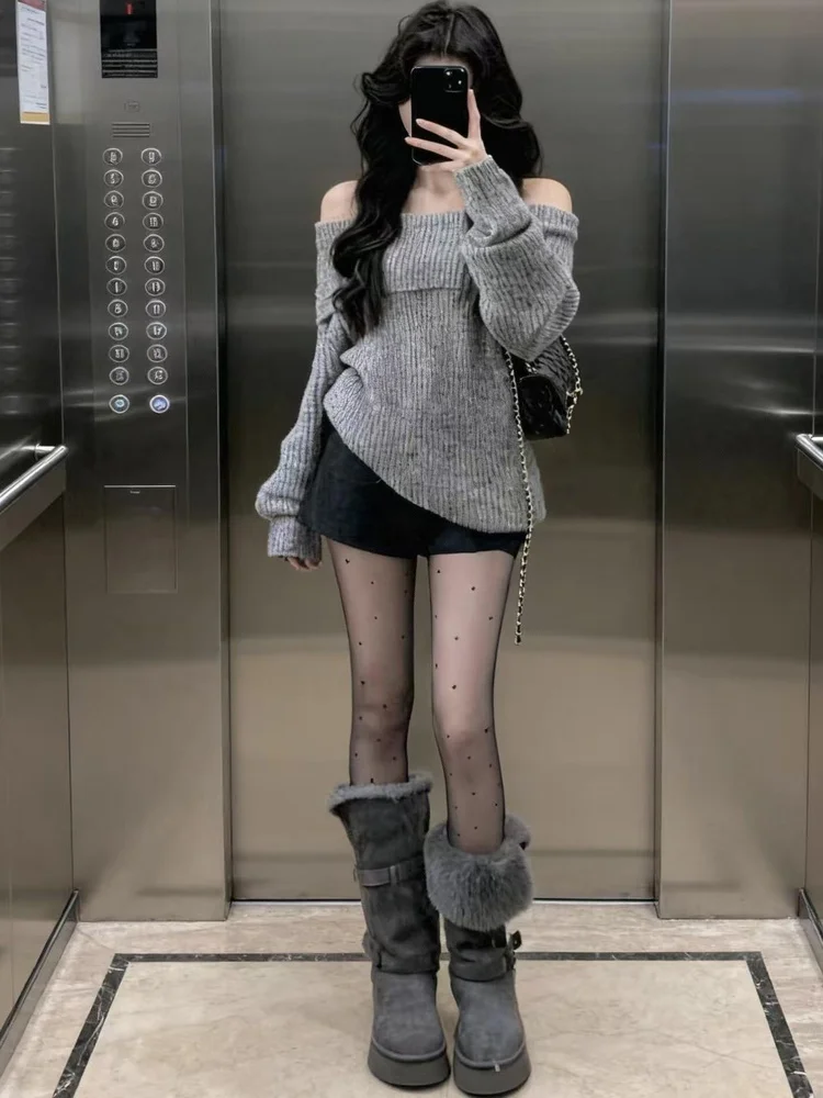 فضفاضة تناسب الكورية Sle كسول واحد الكتف سترة المرأة الخريف الشتاء جديد Faion لينة محبوك أعلى مريحة طويلة Sve #4