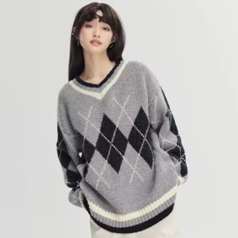 

Autumn and Winter Women's Jumper Knitted V-neck Diamond Lattice Design Jumper 2024 Loose Casual Wild College Style Jumper