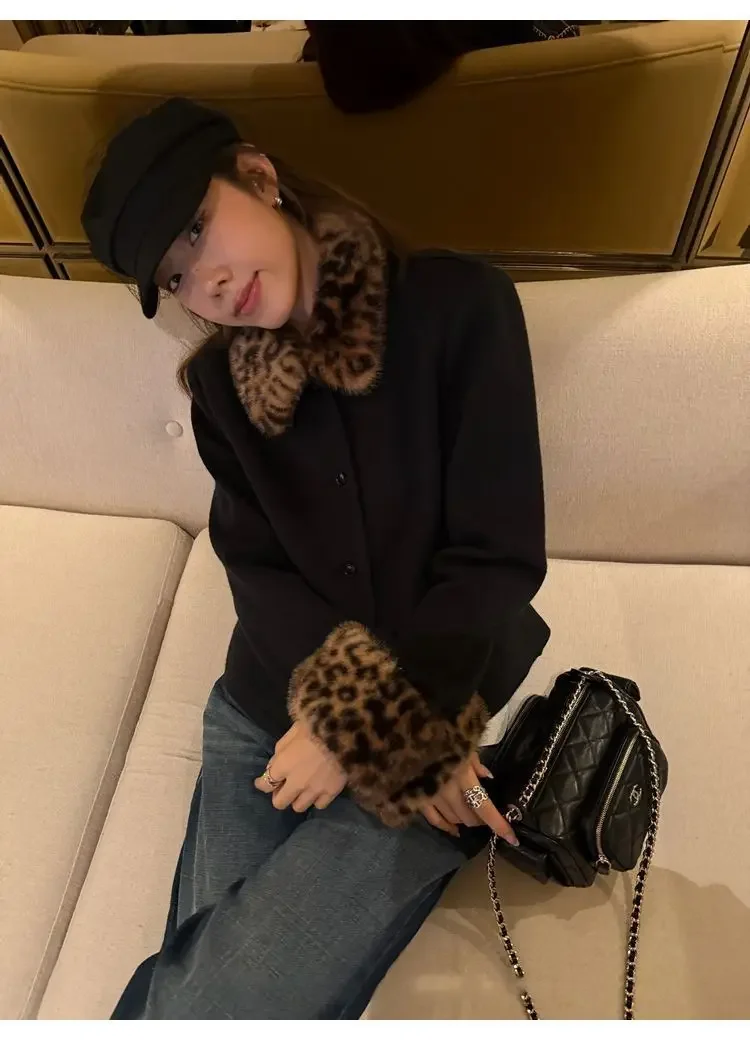 Koreanisches Nischendesign Leoparden-Fuzzy-Jacke für Damen, Patchwork-Handarbeit, Umlegekragen, Herbst-Winter, Y2K Retro Street-Style Mantel – Detail 7