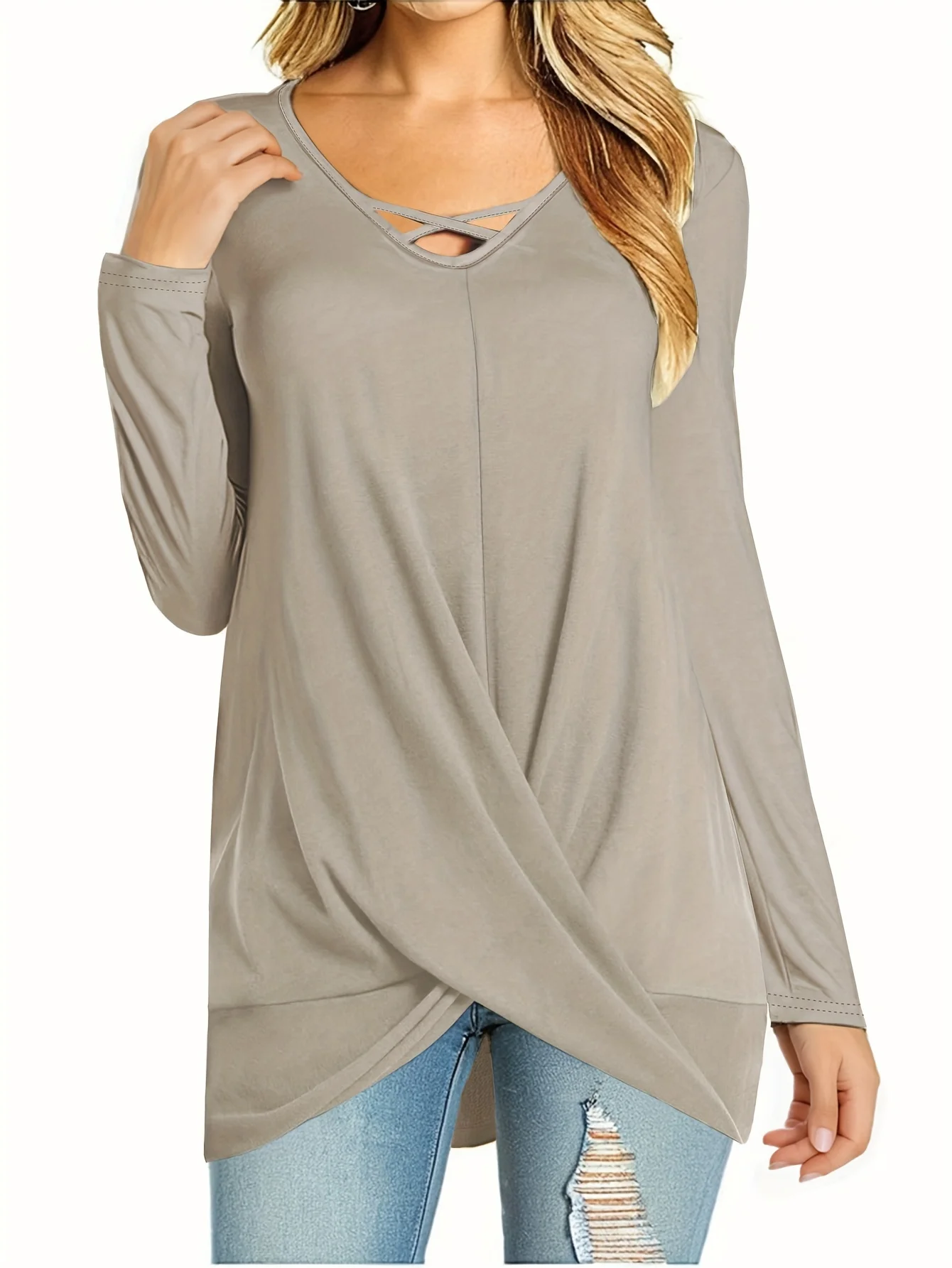 Women's Fashion Solid Color Casual Round Neck Long Sleeve T-shirt
