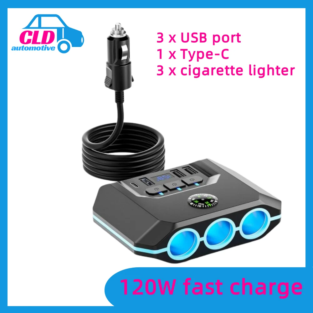 

120W 12-24V Car Cigarette Lighter Splitter Adapter Auto USB PD Power Socket With ON/OFF LED Car Cigar Splitter Charger