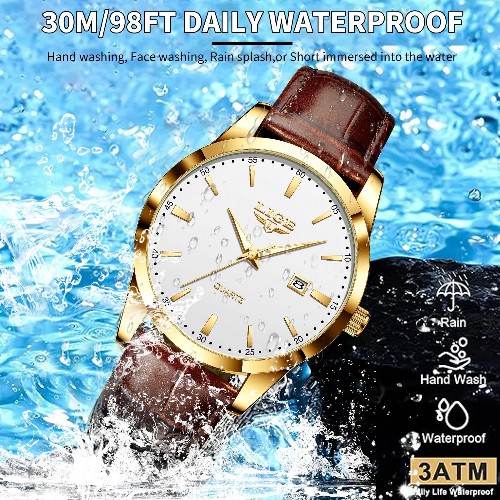 LIGE Fashion Brown Leather Watch Men Military Sports Men's Quartz Wristwatches Casual Waterproof Chronograph Relogios Masculino
