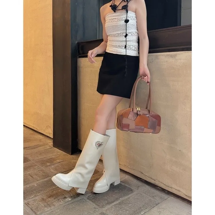 Women's Pants-Leg Boots, Thick-Soled Chunky Heels, 2026 New Versatile Fashion Rhinestone Slimming Rider Boots