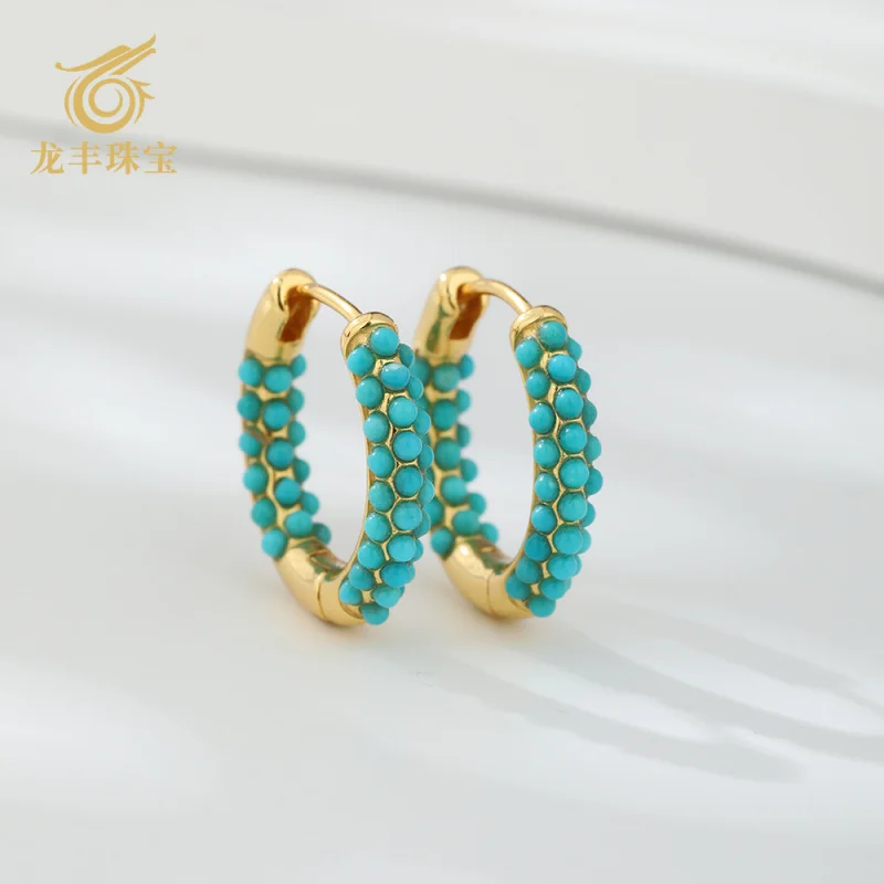 Turquoise European and American High-end Earrings Natural Turquoise Round Bead Stud Earrings