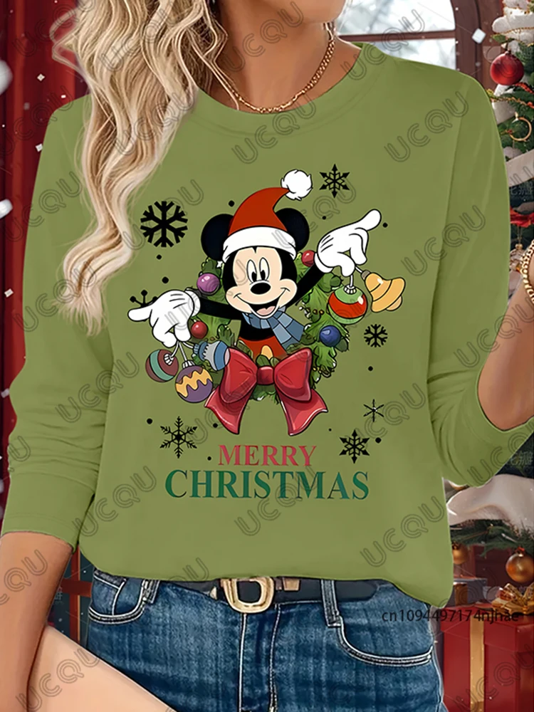 Świąteczna, urocza koszulka z długim rękawem z nadrukiem Disneya, Myszki Miki i Minnie dla kobiet, jesienna, codzienna koszulka z okrągłym dekoltem, oversize, dla par, topy w stylu Y2K.