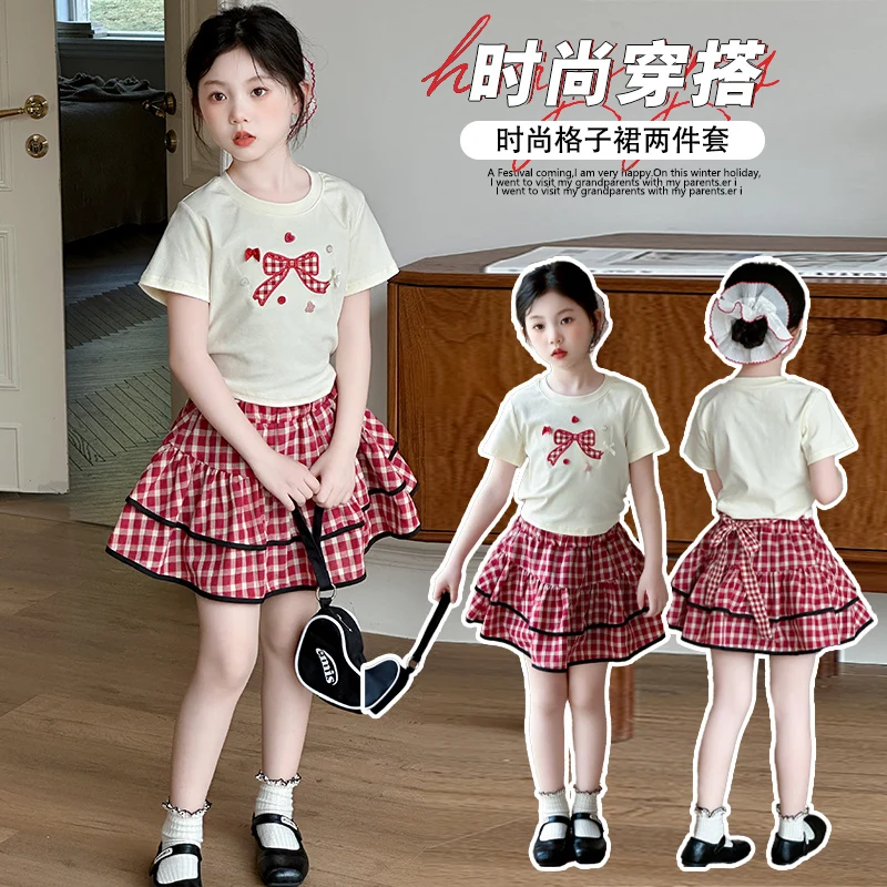 Girls 2-Piece Bow Embroidered Suit Short Sleeve and Red Plaid Mini Skirt Set Children Cute Sweet Style Daily Outfit Ages 6-14Y