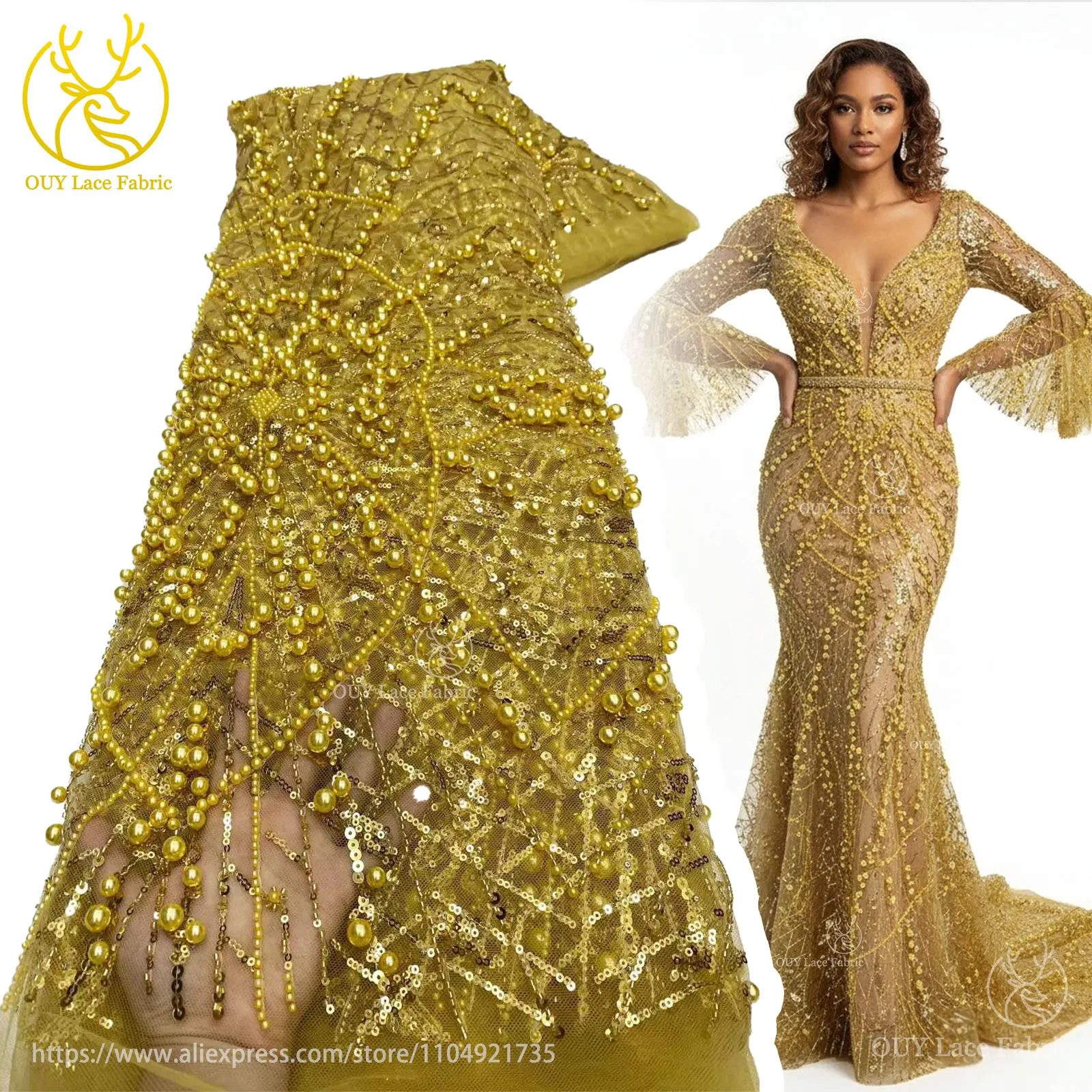 

Golden Luxury African Handmade Heavy Beaded Lace Fabric 2025 High Quality French Sequin Tulle Lace For Party Wedding Dresses