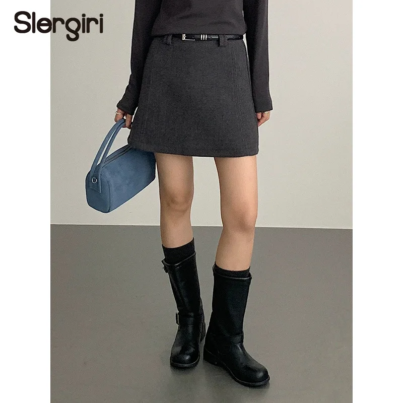 

Slergiri Solid Color Woolen A-Line Skirt Women Fashion New 2025 Autumn Winter High Waist Sweet Casual Short Skirt Female