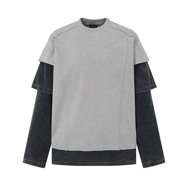 Fake Two Piece Patchwork Vintage T shirts Washed Casual Top Tees Long Sleeves For Male