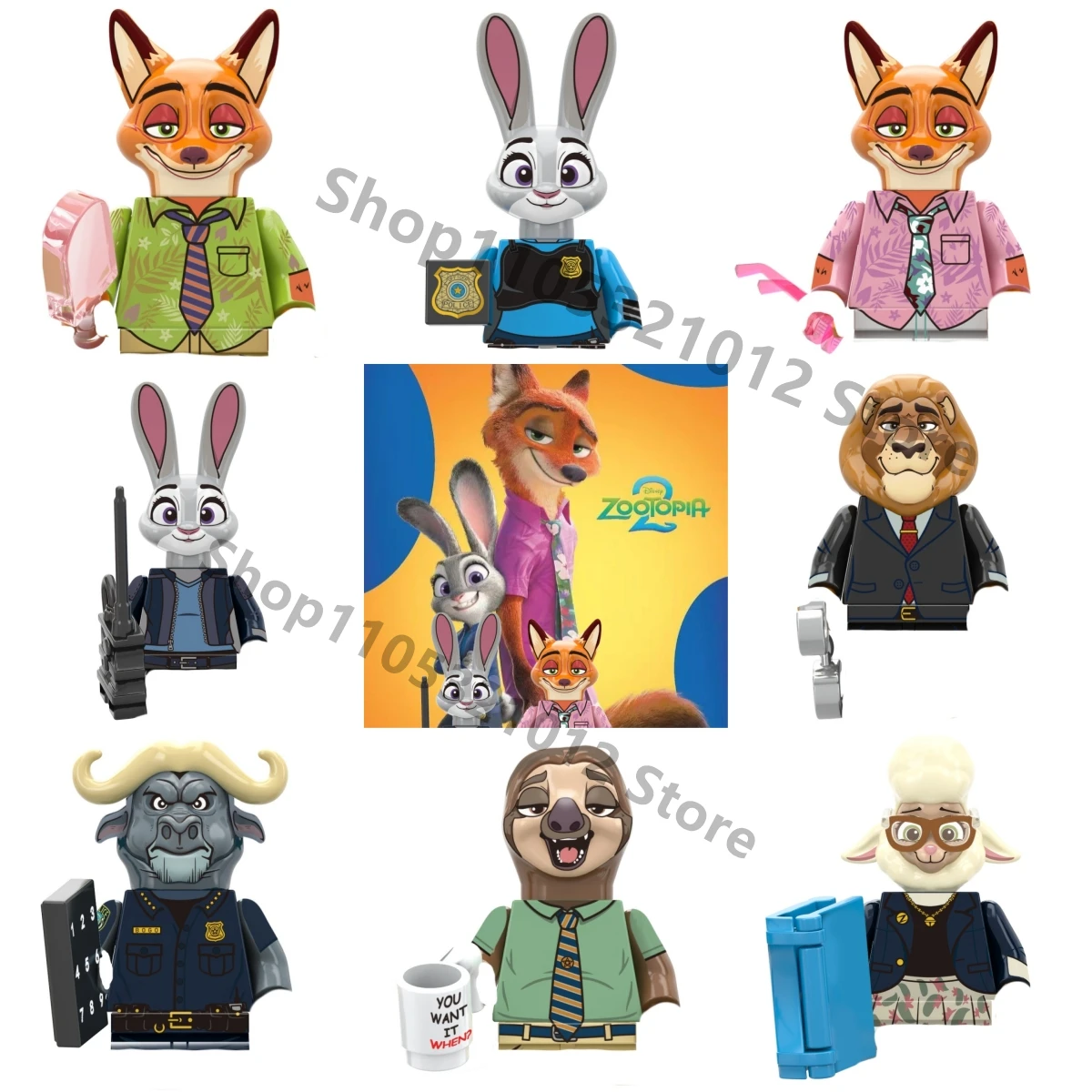 Набор конструкторов Disney Movie Zootopia: фигурки животных из зоопарка (лис, кролик, медведь, ленивец, корова, лев) — мини-фигурки, игрушки, подарок