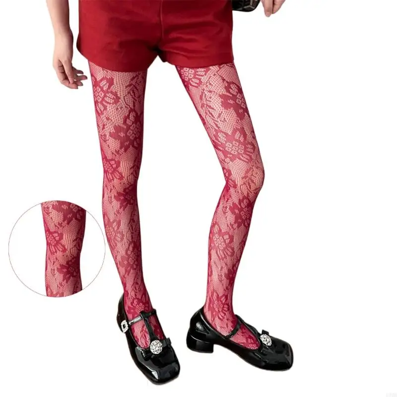 49MB Women Flower Pattern Fishnet Tights Aesthetic Sheer Mesh Lace Colorful Pantyhose