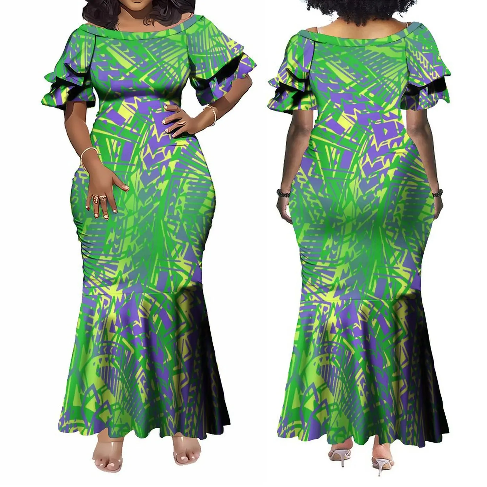 

Summer 2025 Women'S Petal-Sleeve Tight Fishtail Dress, Polynesian Pacific Island Custom Art Print Women'S Holiday Long Dress