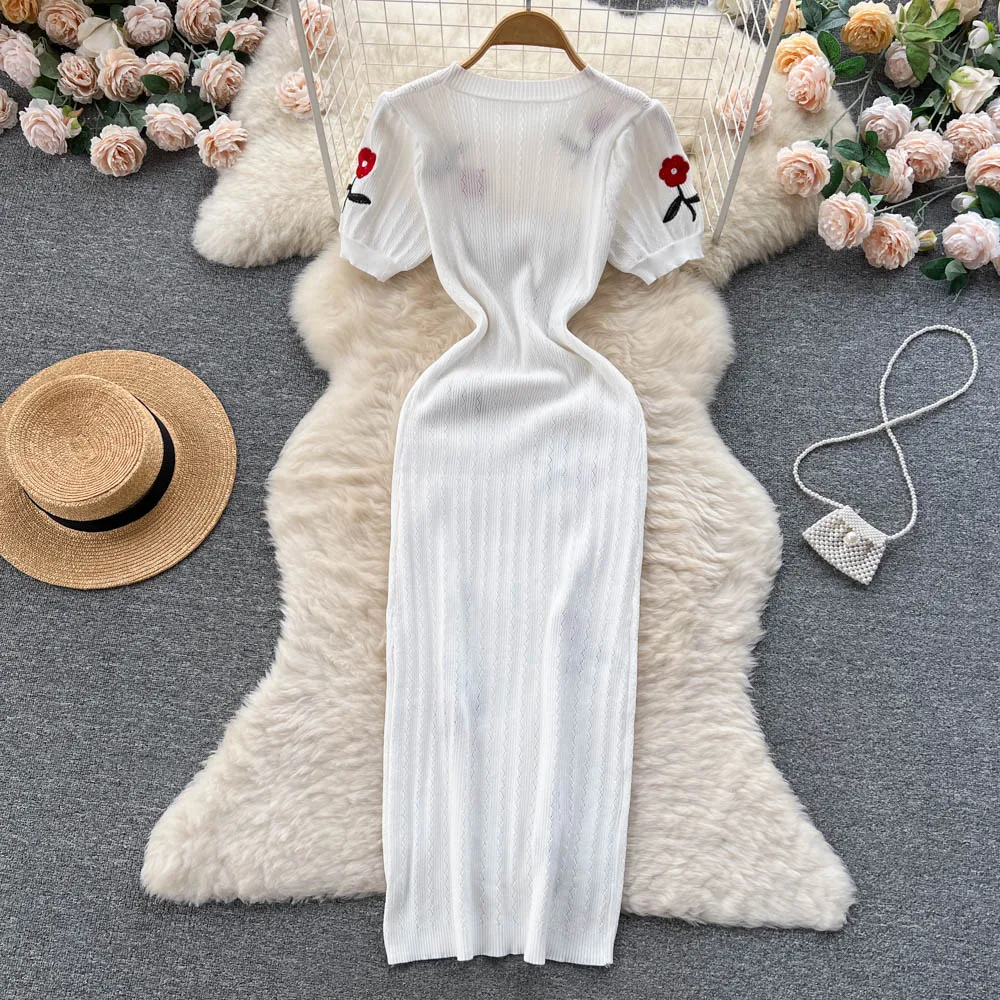 Crochet Dresses Knit Cut Out Dress Jurk Dames Beach Dresses for Women 2023 Short Sleevel Female Vestidos Mujer Maxi Long Dress