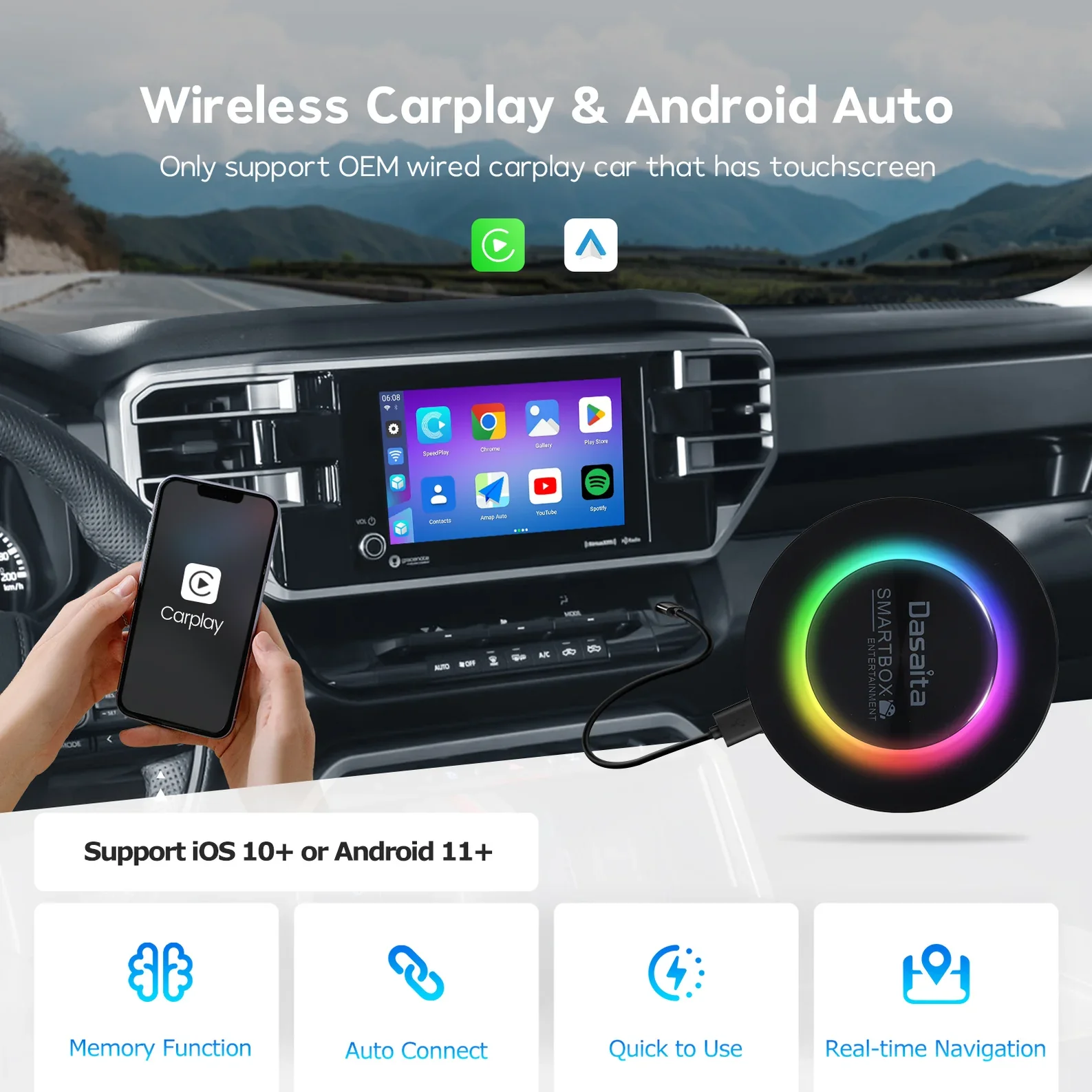 กล่อง CarPlay Ai Box รุ่น STLFDasaita ความจุ 8GB+128GB กล่อง CarSmart ระบบ Android 13 รองรับ Wireless Apple และ Android Auto อะแดปเตอร์ CarPlay กล่อง Ai Box ระบบ Android 13 สำหรับ Carplay