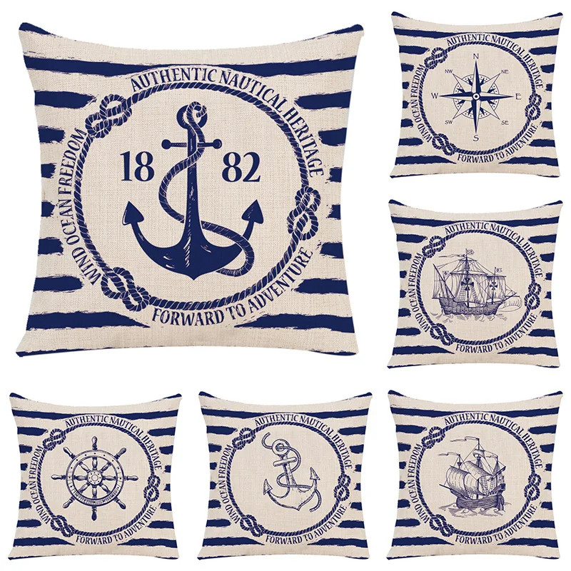 Mediterranean cushion boat anchor American ocean style linen pillowcase Letter Decorative 45x45cm