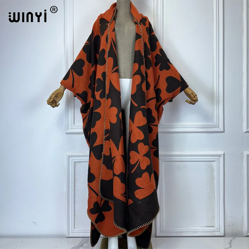 WINYI Winter African Hooded loose cardigan Female abaya outfits for women coat Open Front Kimonos long down poncho maxi dress
