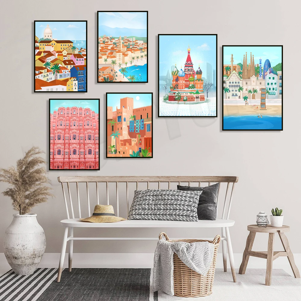 Illustrated wall art featuring New York City, Portugal, Italy, Argentina, and Morocco; cityscape travel posters.