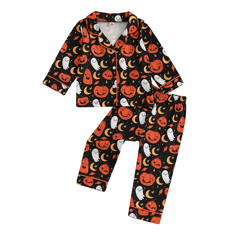 Kids Halloween Pajama Sets Lapel Neck Button-up Tops Long Pants Pumpkin Ghost Print Loungewear Set