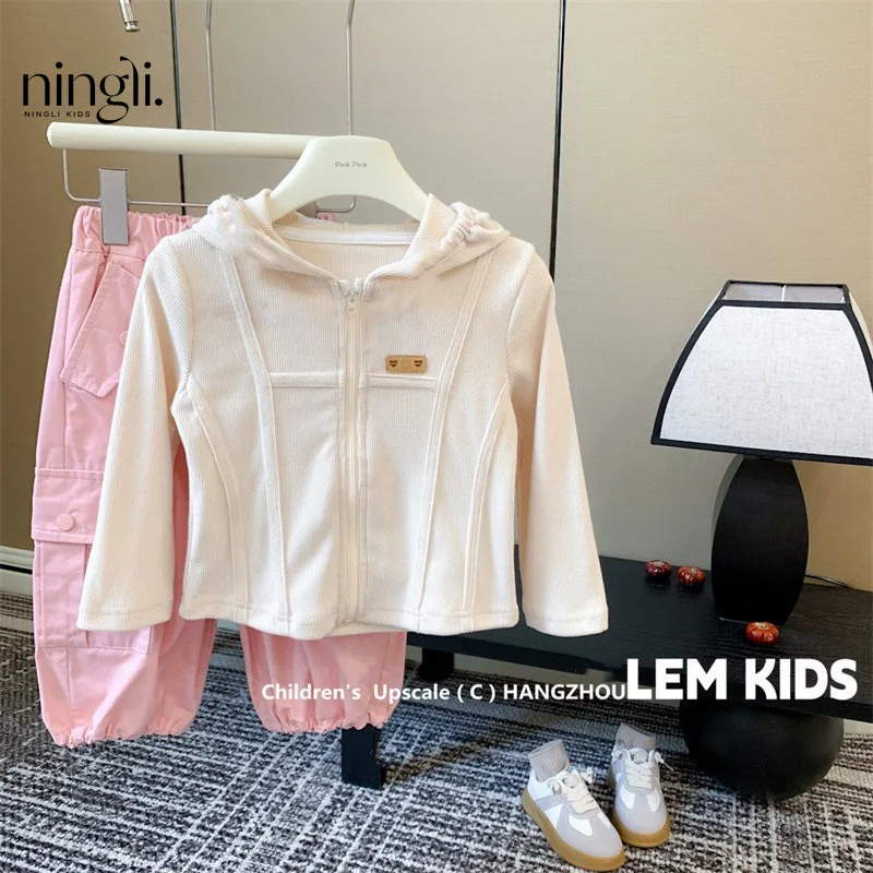 

Осенний комплект из двух предметов для маленьких девочек с капюшоном и длинными рукавами на молнии для девочек от 2 до 8 лет, однотонный топ с эластичной резинкой на талии и карманами для маленьких девочек