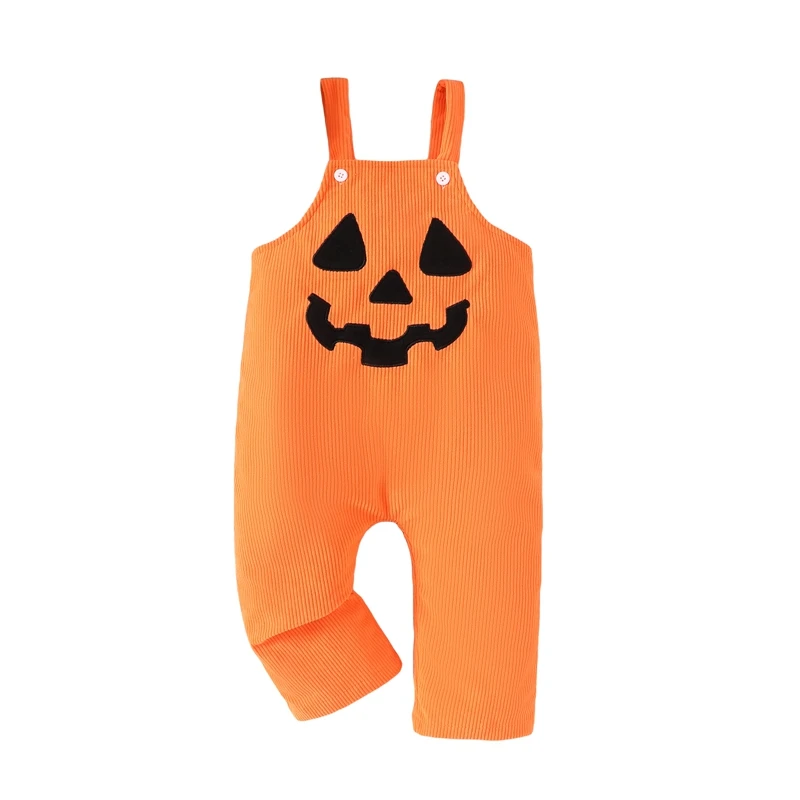 Halloween Pumpkin Face Baby Girl Boy Outfit Cute Bubble Orange Jumpsuit Rompers Corduroy Strap Overalls