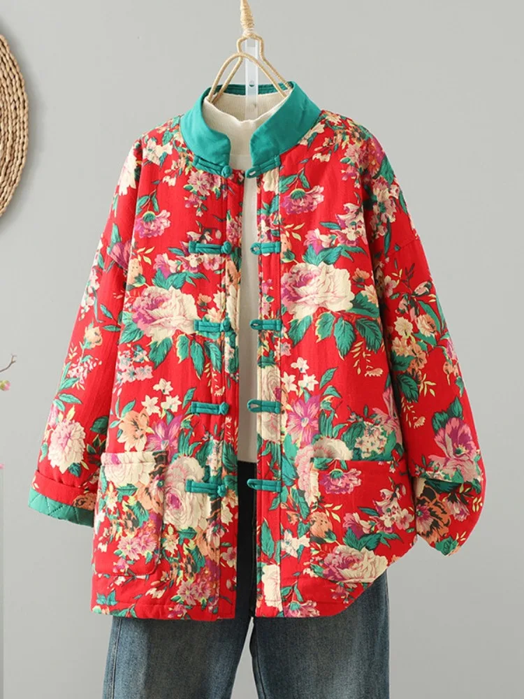 

Ретро этническая льняная хлопковая куртка с северо-восточным принтом, женская зимняя домашняя одежда большого размера с хлопковой подкладкой на пуговицах, хлопковое пальто