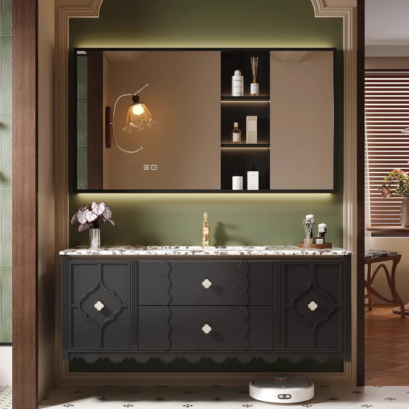 

French retro bathroom cabinet combination bathroom rock slab hot bending integrated basin washstand