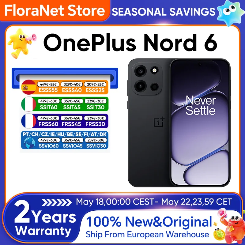 Smartphone OnePlus Nord 6 5G Versión EU Snapdragon 8s Gen 4 165Hz 165FPS Pantalla AMOLED de 6.78” 7500mAh Carga SUPERVOOC de 80W Cámara principal SONY de 50MP con OIS de doble eje