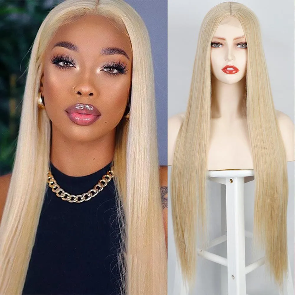 Blonde Front Lace Wig Long Straight Blonde Wig Natural Hair Heat Resistant Fiber Synthetic Front Lace Wig For Fashionable Women