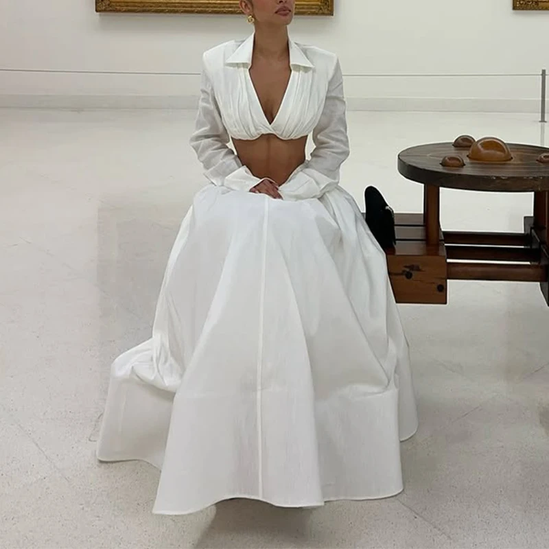 

Простой комплект для вечеринок с завышенной талией: женская сексуальная блузка с V-образным вырезом и длинными рукавами и юбка, двухсоставный комплект для весенних праздников, однотонный повседневный наряд