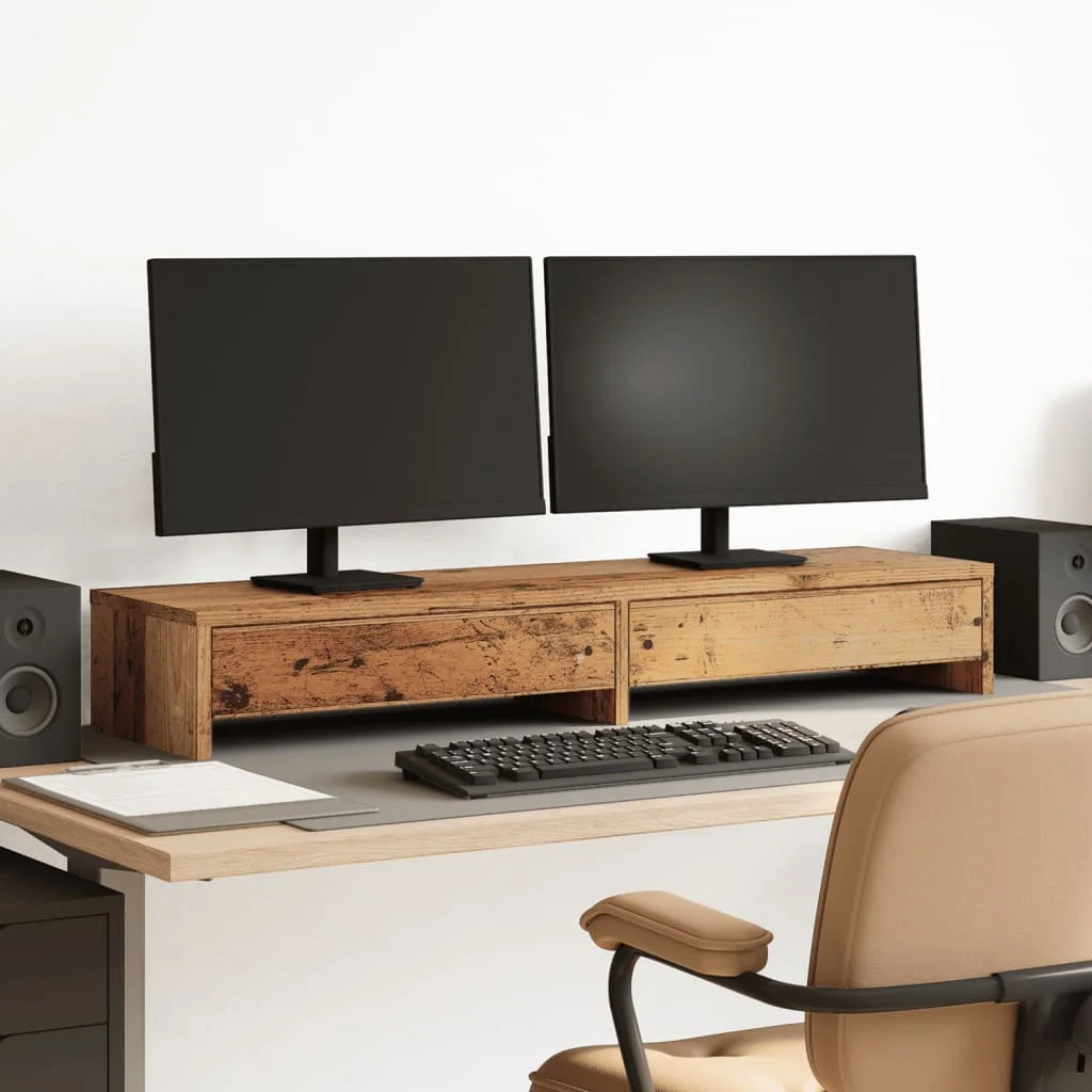 Monitorständer mit Schubladen, gealtertes Holz, Holzwerkstoff, Computer-Monitorständer mit Ablagefach, ergonomischer Bildschirmständer, Schreibtisch-Organizer für das Home Office