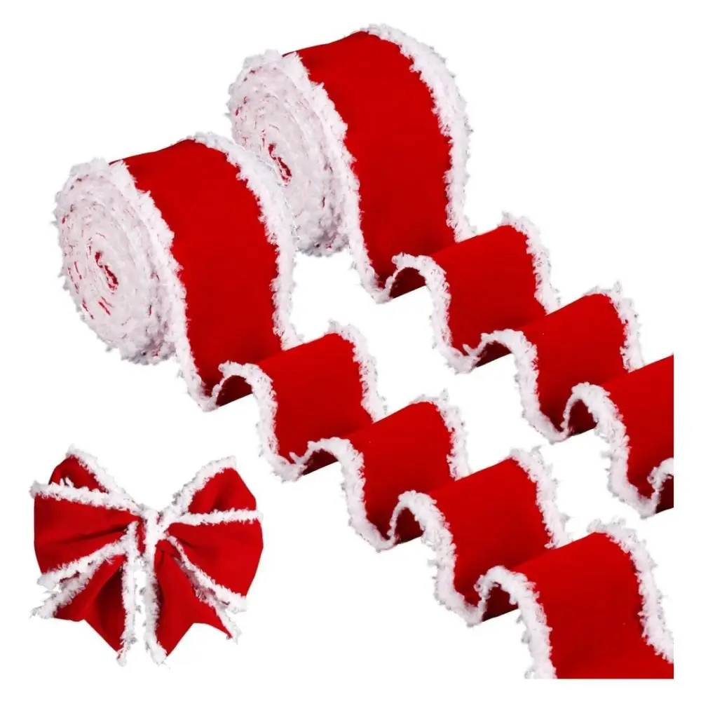 1/5m Christmas Decoration Red Ribbons 5cm Wide DIY Christmas Bows White Fur Edge Christmas Tree Decoration Ribbon