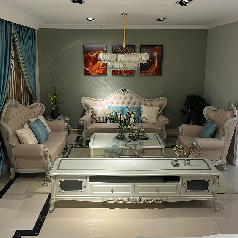 

European solid wood leather sofa combination living room villa light luxury style furniture luxury