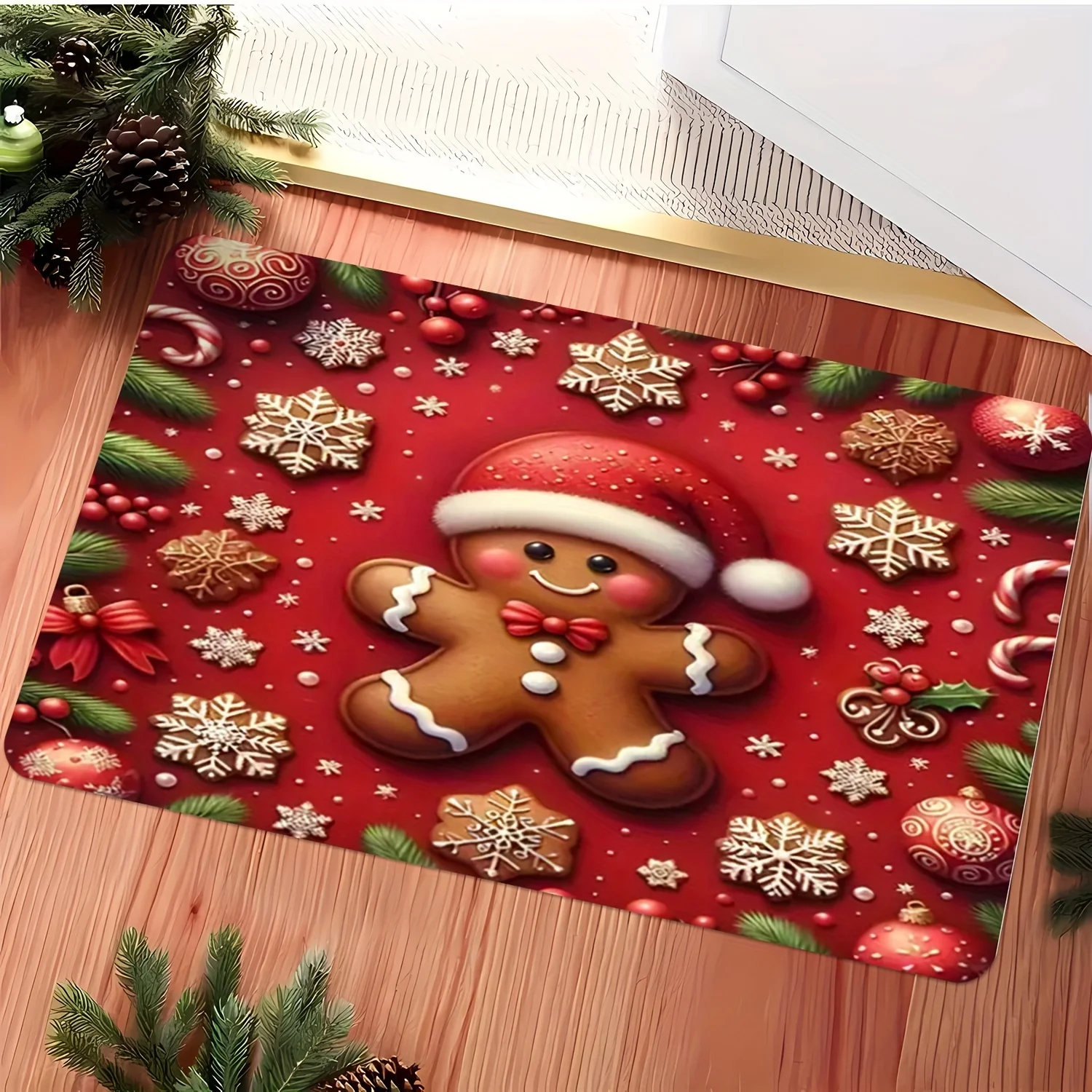 

Christmas Gingerbread Man Doormat - Machine Washable, Large Rectangular Entryway Mat with Festive Red Design, Perfect for Living