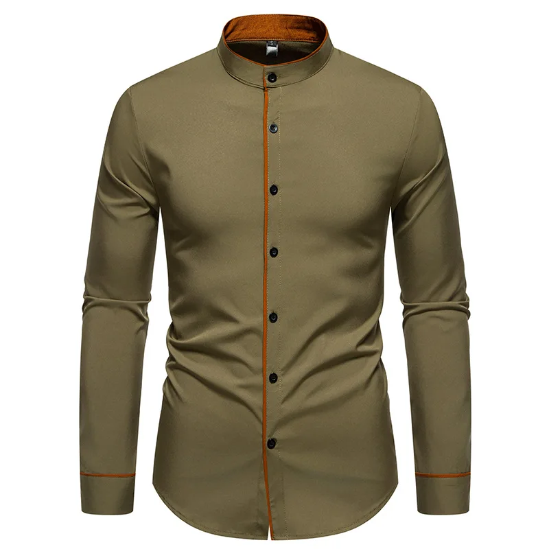 

2025 Autumn New Men's Casual and Fashionable Henry Collar Color Block Long-sleeved Shirt