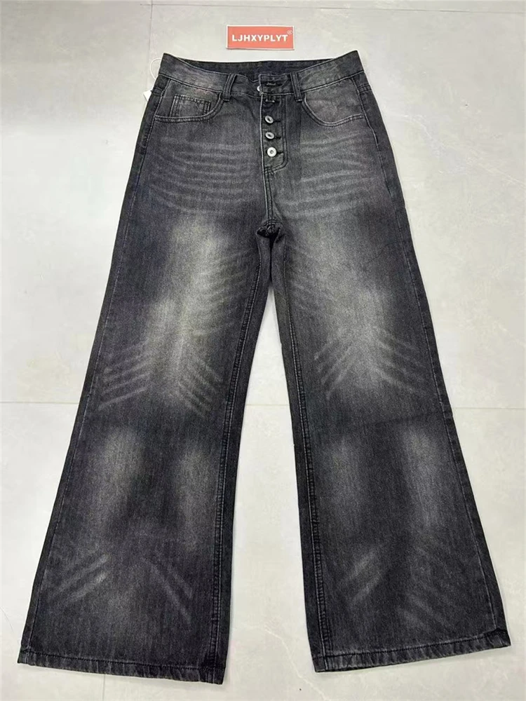 Men's Single Breasted Design Retro Black Gray Jeans Wide-leg Denim Trousers Boys Bottom High Waist Sweatpants Male Casual Pants - view 5