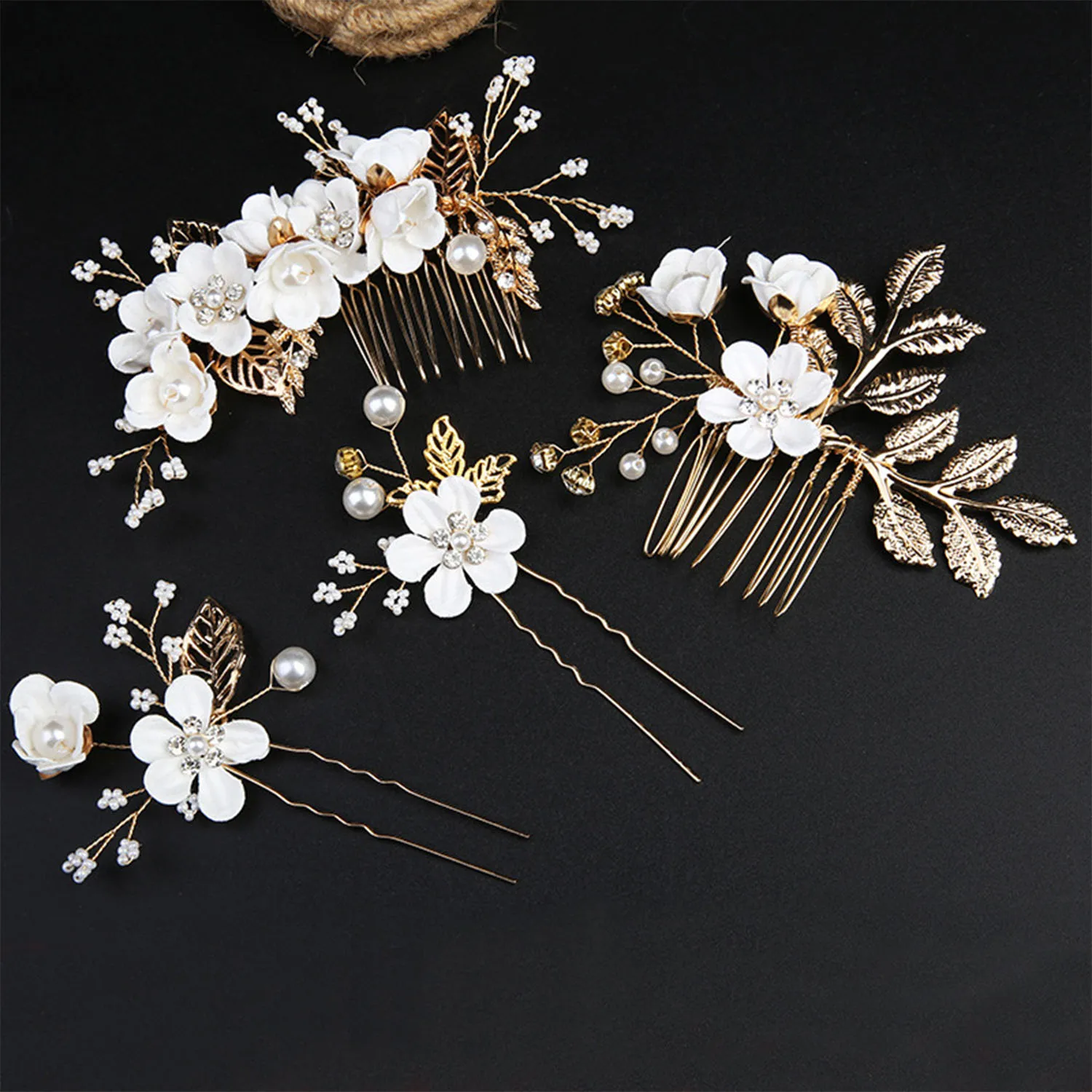 

1 pcs Handmade Pearl Bridal Hair Pins,White Flower Gold Leaf Pearls Clips Headpiece Accessories Jewelry