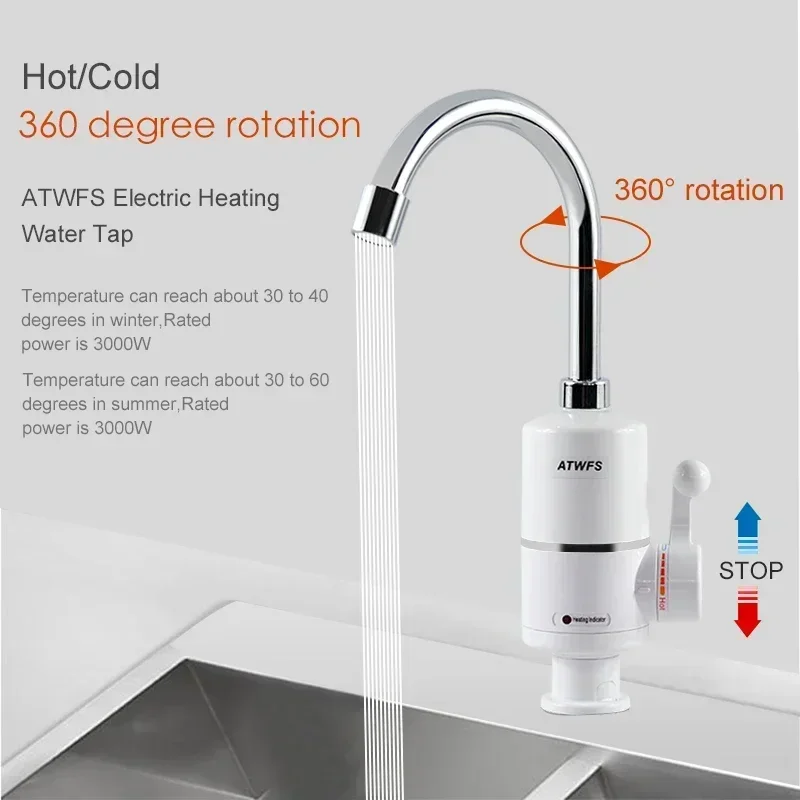 ATWFS Tankless Electric Newest Water Heater Kitchen Instant Hot Water Tap Heater Water Faucet Instantaneous Heater 3000w