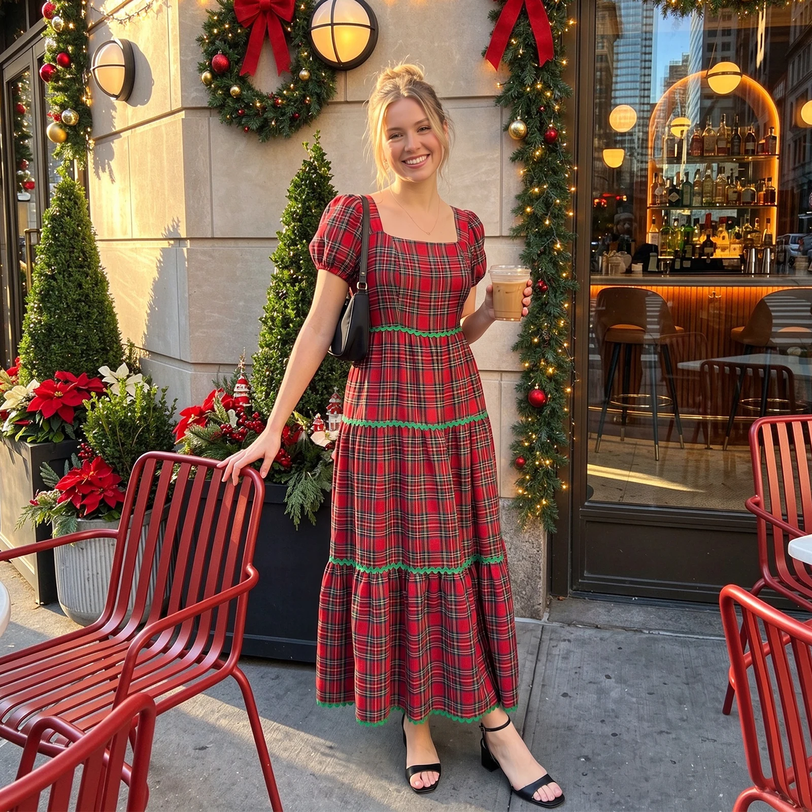 Women Christmas Long Dress Elegant Short Sleeve Square Neck Loose Summer Plaid Print Dresses