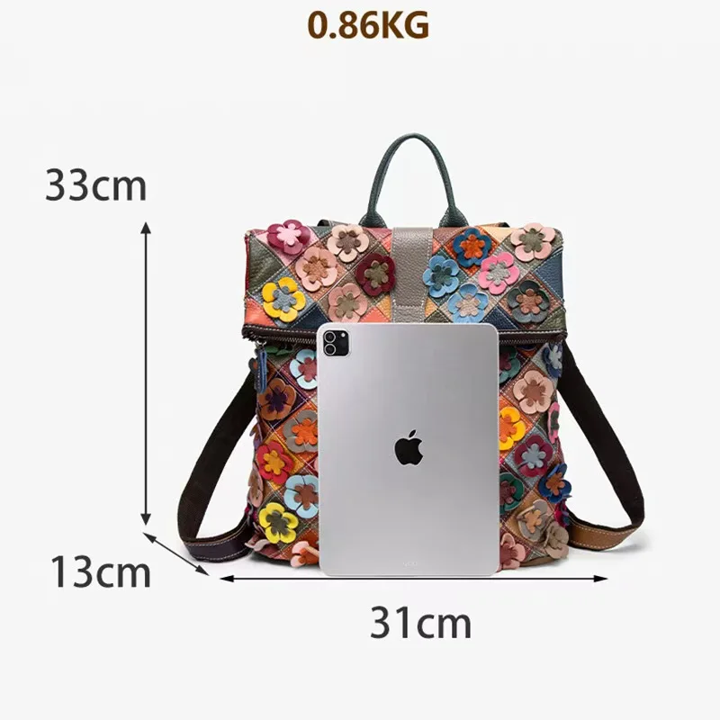 Vintage Women Genuine Leather Backpack Flower Real Cow Leather Shoulder Bags Fashion Patchwork Ladies Cowhide Travel Bagpack - view 6