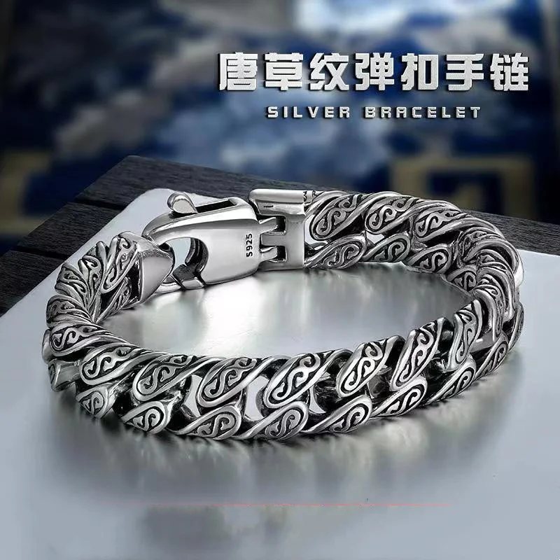 

Domineering Personality Tang Grass Pattern Bracelet Men's Retro S925 Silver Hip-hop Fashion Ethnic Style Bracelet Birthday Gift