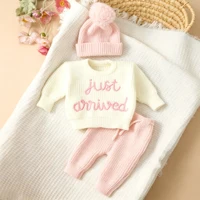 Ylsteed 3 Pcs Set Knitting Newborn Boy Photography Clothes "Just Arrived" Embroidery Khaki Baby Outfits Sweater Baby Shower Gift 4