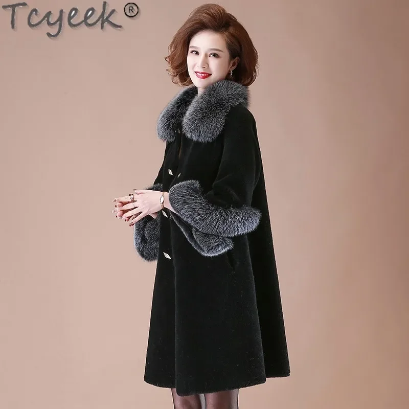 Tcyeek 100% Wool Coat Women Sheep Shearling Coats Warm Fox Fur Collar Winter Clothes Women's Fur Jacket Overcoat Пальто Женское