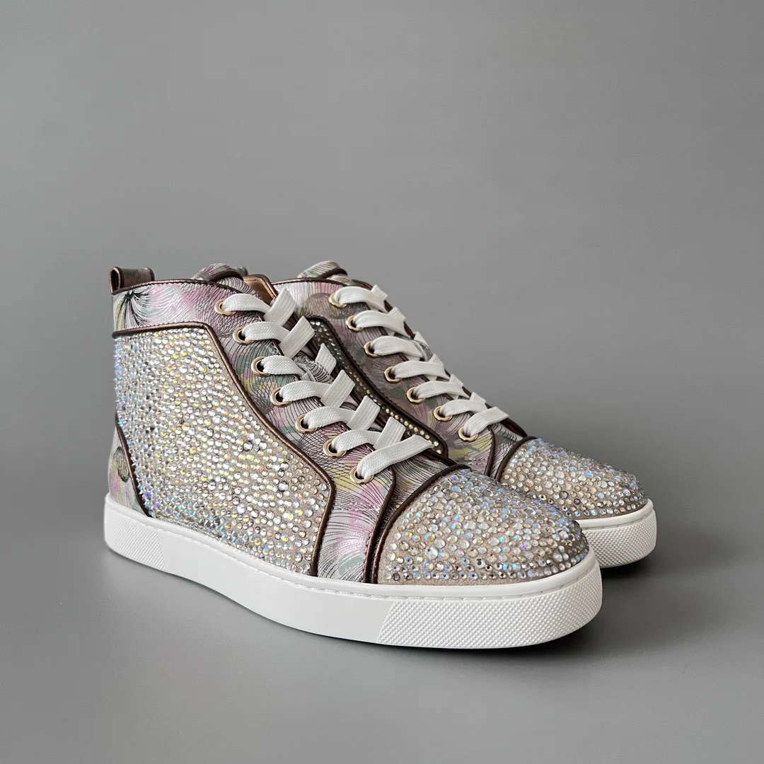 Men's Luxury Rhinestone High Top Sneakers Shiny Crystal Bling Lace Up Casual Shoes Hip Hop Party Lace Up Trainers Plus Size