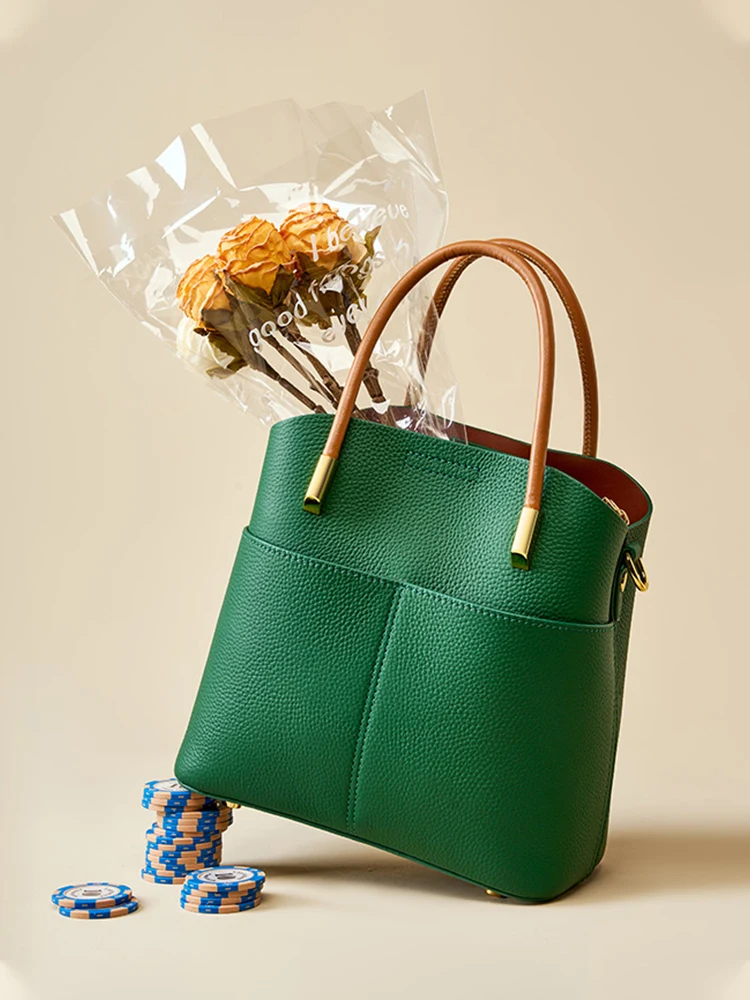 Zency Genuine Leather Bucket Bag for Women Versatile Handbag Leather Tote Bag High Sense Shoulder Crossbody
