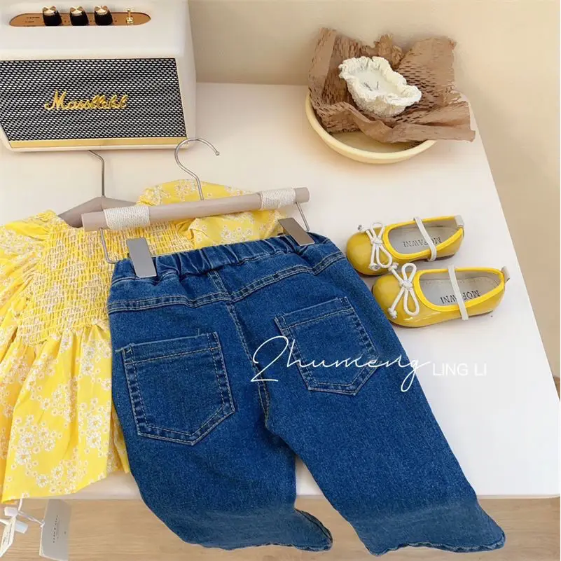 Girls\' Clothing Set 2023 Spring and Autumn Clothing Children\'s Yellow Bubble Sleeve Fragmented Blouse Shirt Jeans Two Piece Set