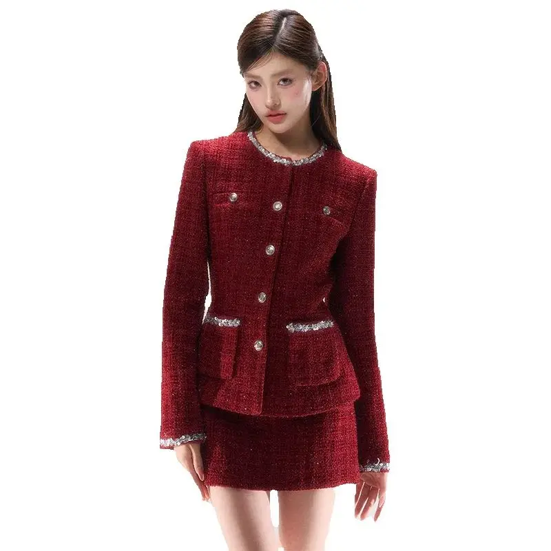 

Korea Two-Piece Small Fragrant Style Waist Long-Sleeved Jacket Short Skirt Women'S Winter New Elegant And High-End