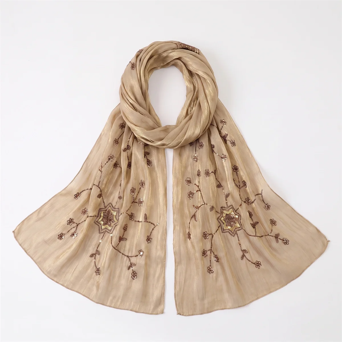 Fashion Crinkle Hijab Scarf With Floral Sequin Embroidery Lightweight Headscarf Shawl For Women Wedding Evening Cocktail Party view 2
