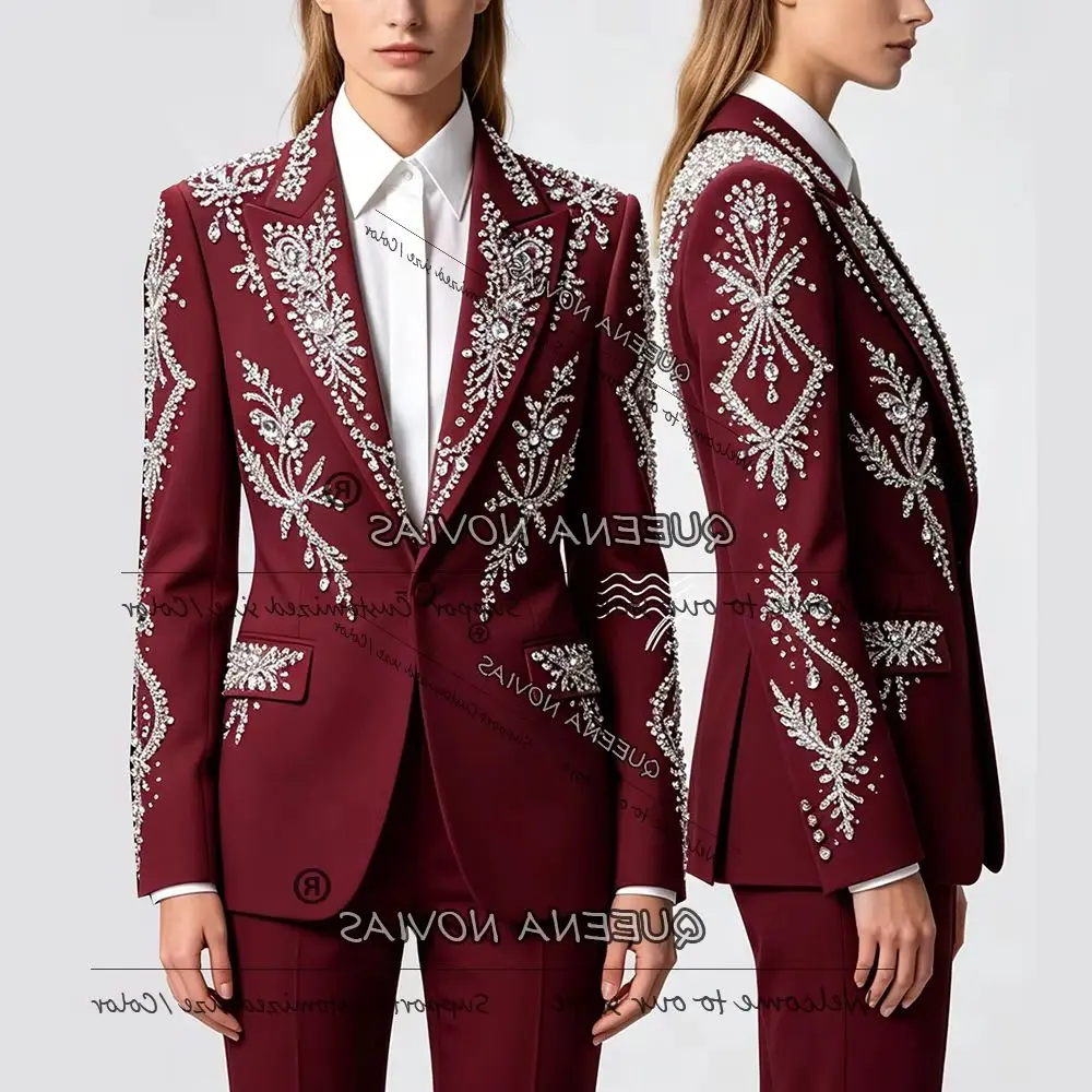 Luxury Crystals Beading Suit Women 2 Pieces Bride's Mother Dresses Customized Lady Buisness Party Tuxedso conjuntos femininos