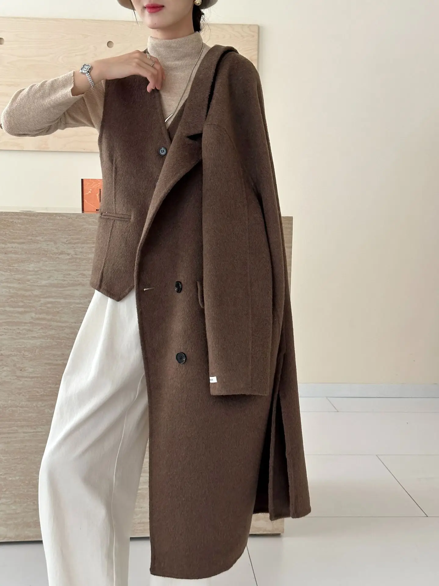 AI NI YA طوق مزدوج الصدر معطف صوفي على الوجهين سترة قطعتين معطف نسائي غير رسمي دافئ للخريف والشتاء