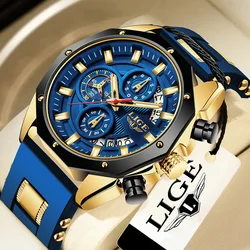 LIGE Sport Silicone Men Watches Luxury Brand Big Watch For Men Wristwatch Waterproof Quartz Clock Chronograph Relogios Masculino